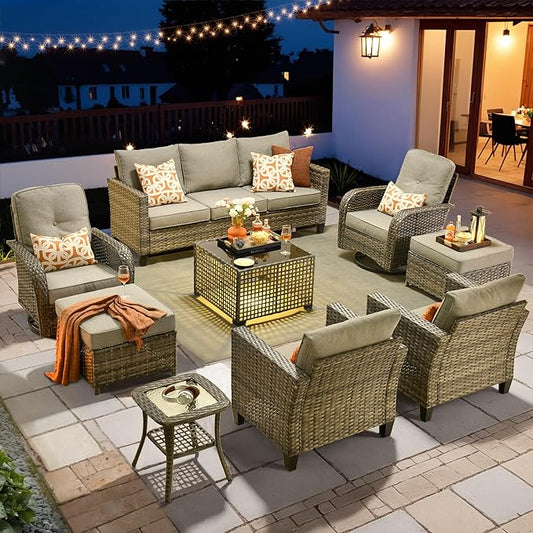 HOOOWOOO Outdoor Patio Furniture Set,9 Pieces Wicker Conversation Set,All Weather Couch Set with Swivel Chairs Solar Light Table Ottoman 9 Seaters for Out Door Yard(Charcoal Gray)
