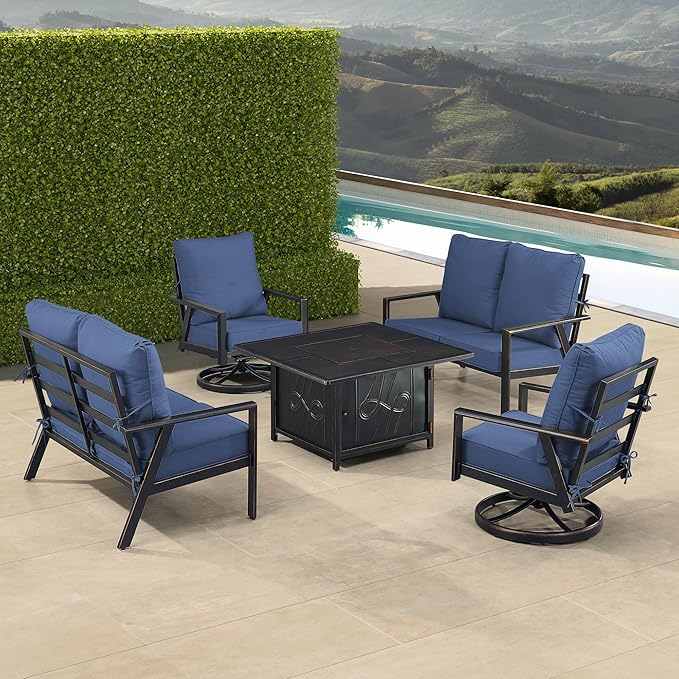 Oakland Living Black Aluminum Patio Fire Table Set with Two Deep Seating Loveseat with Cushions and Two Club Chairs with Blue Cushions