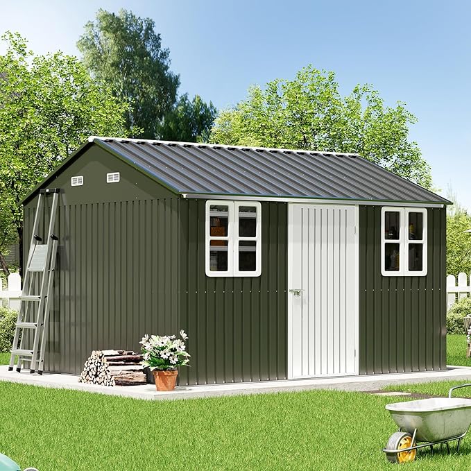 Vanacc 12x10.3x8.1 FT Galvanized Steel Outdoor Storage Shed with a Lockable Hinged Door and 2 Windows, Metal shed for Garden, Backyard, Dark Grey/White
