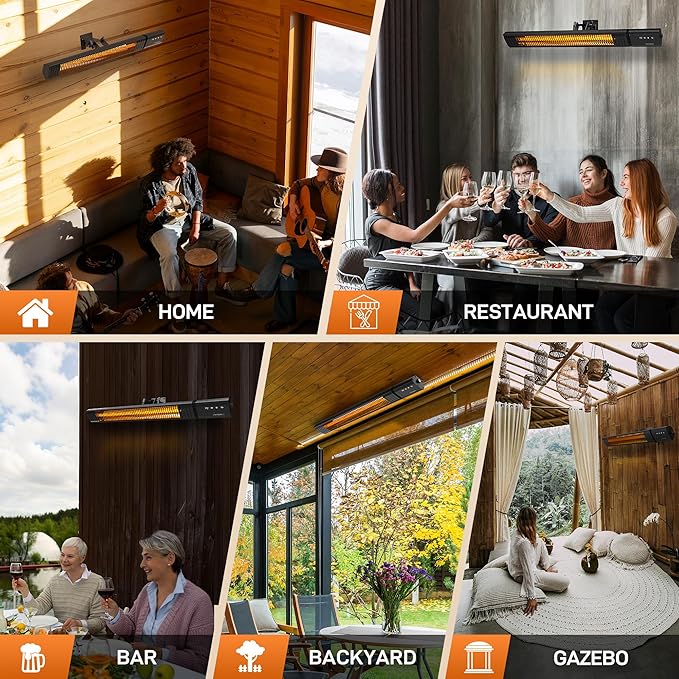 Infrared Heater 1500W with Remote, 2.5s Instant Heat & Memory Function, Electric Patio Heater 4 Heat Levels, IP65 Waterproof - Indoor/Outdoor Space Heater for Garage, Backyard, Black