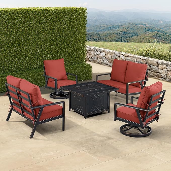 Oakland Living Black Aluminum Patio Fire Table Set with Two Deep Seating Loveseat with Cushions and Two Club Chairs with Red Cushions