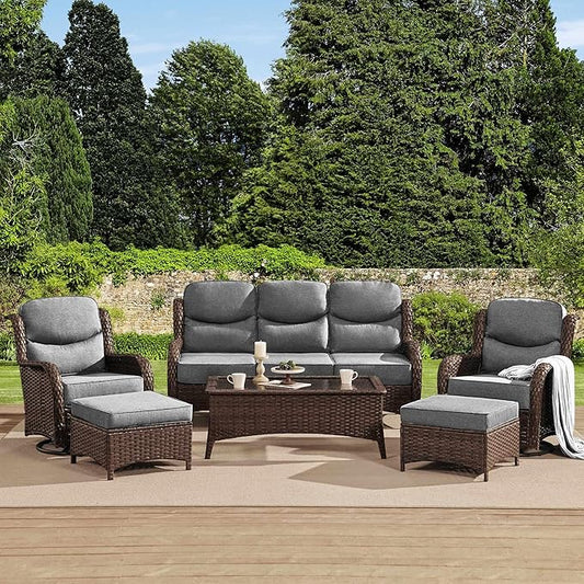 HILLGA Luxury High Back Patio Furniture Set with 6-Inch Thick Cushion, 6-Piece Outdoor Conversation Set with Sofa, Swivel Rocker Chairs & Ottomans, Ideal for Porch Pool Deck Yard (Dark Grey)