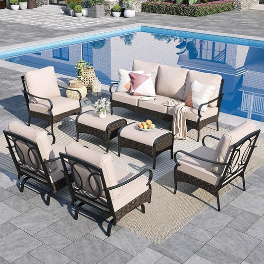 Sophia & William Patio Furniture Set, 7 Piece Metal Outdoor Conversation Set with 3-Seater Outdoor Couch, 4 Sofa Chairs, 2 Ottoman for Outdoor Seating, Backyard, Porch(Beige)