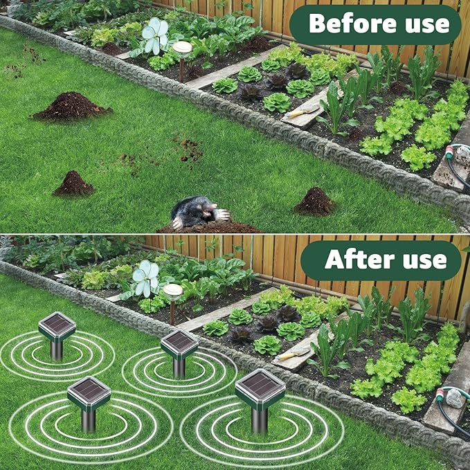 2025 New Upgraded Version Mole Repellent Solar Powered, Waterproof & Aesthetic Design, Ultrasonic Pest Deterrent for Moles, Voles, Gophers, Chipmunks, Groundhogs, and Snakes -4Pack