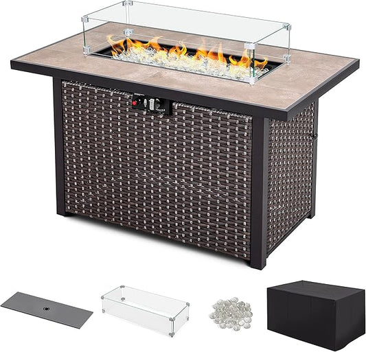 Nuu Garden 43" Propane Fire Pit Table, CSA Certified 50,000 BTU Outdoor Patio Propane Fire Pit Table with Fire Pit Wind Guard, Removable Lid, Ceramic Tabletop, Water-Proof Oxford Cover, Dark Brown