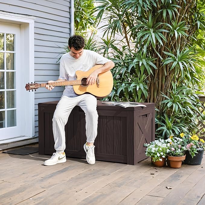 Greesum 120 Gallon Deck Box, Resin Outdoor Storage Container for Patio Furniture, Garden Tools, Pool Accessories, Weatherproof, Lockable, Brown