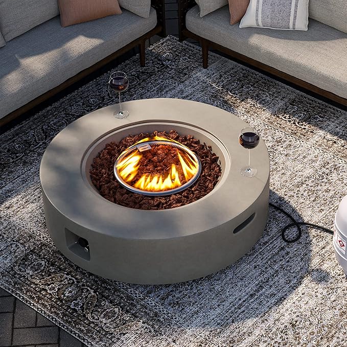 SUNBURY Outdoor 42" Propane Fire Pit Table, CSA Certified,50000 BTU Gray Patio Fire Table, Concrete Round Gas Fire Table w Lava Rocks (Tank Outside)