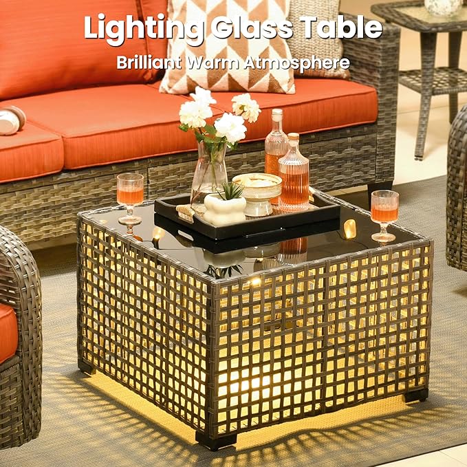 ovios 9 Pieces Patio Furniture Set, Outdoor Wicker Sofa Couch with Rocking Swivel Chairs Solar Lights Table, Modern Deep Seat Rattan Conversation Sets for Porch Deck, Orange Red