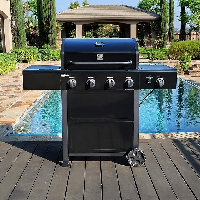 Kenmore 4-Burner Gas Grill with Side Burner, Outdoor BBQ Grill, Propane Gas Grill, Cast Iron Cooking Grates, Electronic Ignition, Warming Rack, Open Cart Design, 53000 BTUs, Black