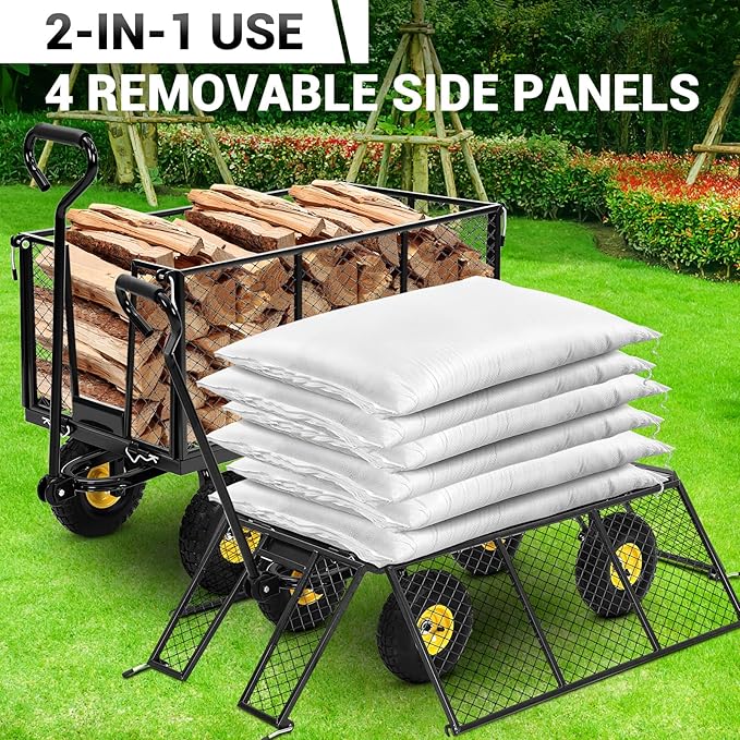 1100 Lbs Steel Garden Cart. Heavy Duty Metal Garden Wagon with 10" Wheels, Pullable Metal Garden Wagon with 180° Rotating Handle and Removable Sides for Farm, Yard