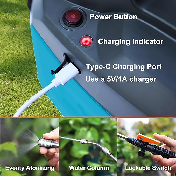 ES4 Electric Sprayer 1 Gallon Built-in 4000mAh Rechargeable Battery, Copper-Nickel Spray Nozzle Makes The Spray More Delicate, The Telescopic Spray Rod Can Reach Further