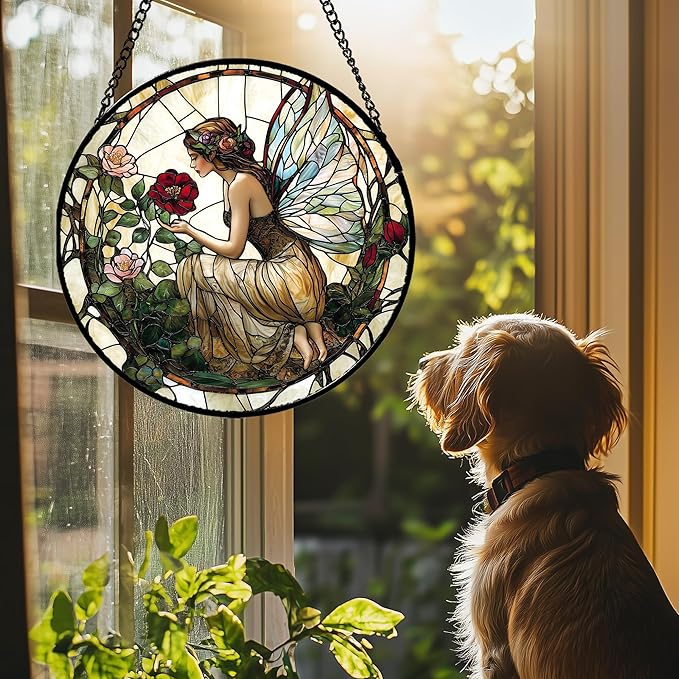 Stained Glass Window Hanging - Butterfly Flower Fairy Suncatcher for Door Terrace Garden Home Decor Yellow Green Plants Sun Catcher Birthday Gifts for Lovers Women Men Dad Mom Nana 6.3 in