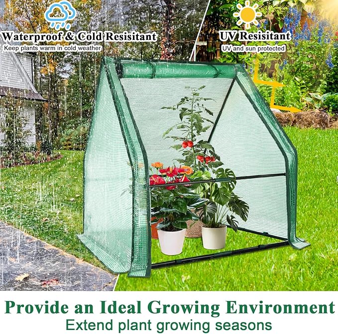 Ileading Small Greenhouse for Outdoor Indoor Portable Mini Garden Green House with Waterproof Pad, 4 Ground Stakes, 10 T-Shaped Plant Tags, Durable PE Plant Cover Tent, 36x36x42 Inch