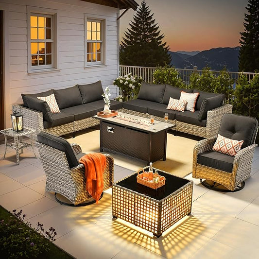 Outdoor Sectional Patio Furniture Set with Fire Pit Table and Swivel Rocking Chairs,11 Pieces Wicker Conversation Sets L Shaped Couch Out Door Sofa Outside Furniture for Garden Deck Yard,Black