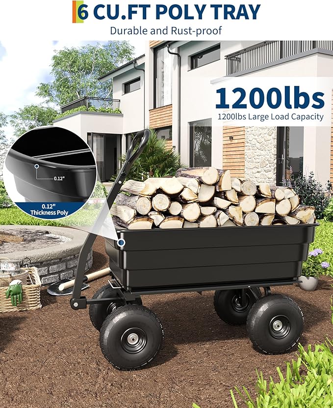 Poly Dump Cart - Heavy Duty 1200lbs Garden Cart with Quick-Release Dumping & No-Flat 13" Tires, Utility Wagon for Yard Work, Landscaping, Gardening