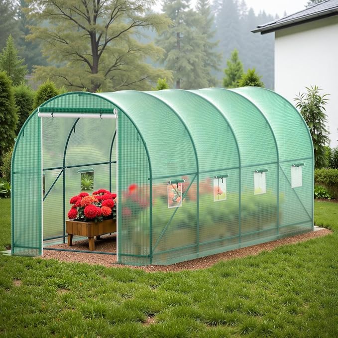 15x7x7 FT Walk-in Greenhouse for Outdoors w/ Watering System,8-Ventilated Screen Window Portable Greenhouse for Winter Plant Protection w/ 2-Zipper Door,PE Cover & Heavy Duty Frame