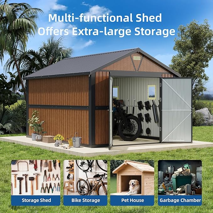 10x12 FT Outdoor Storage Shed, Metal Garden Shed with Floor, Lockable Doors and Windows, Large Tool Shed for Backyard, Patio and Lawn