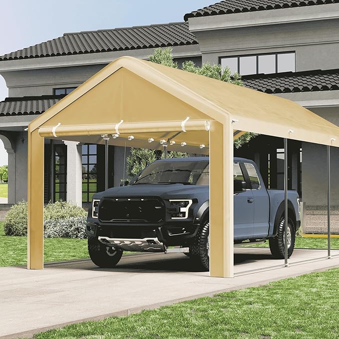 Carport 10x20 Ft, Heavy Duty Car Canopy with Reinforced Ground Bar, Portable Garage with Roll-up Windows and Removable Sidewalls, Galvanized Car Shelter, Large Outdoor Carports (Yellow)