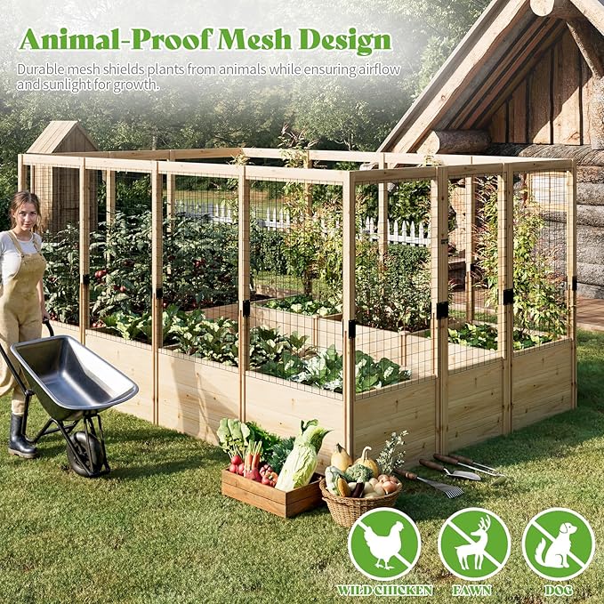 PaPaJet Wooden Raised Garden Bed for Outdoor, Deep Large Planter Box with Netting for Gardening, Vegetables, Flowers, Herbs（7.5× 11.8× 5.9FT）