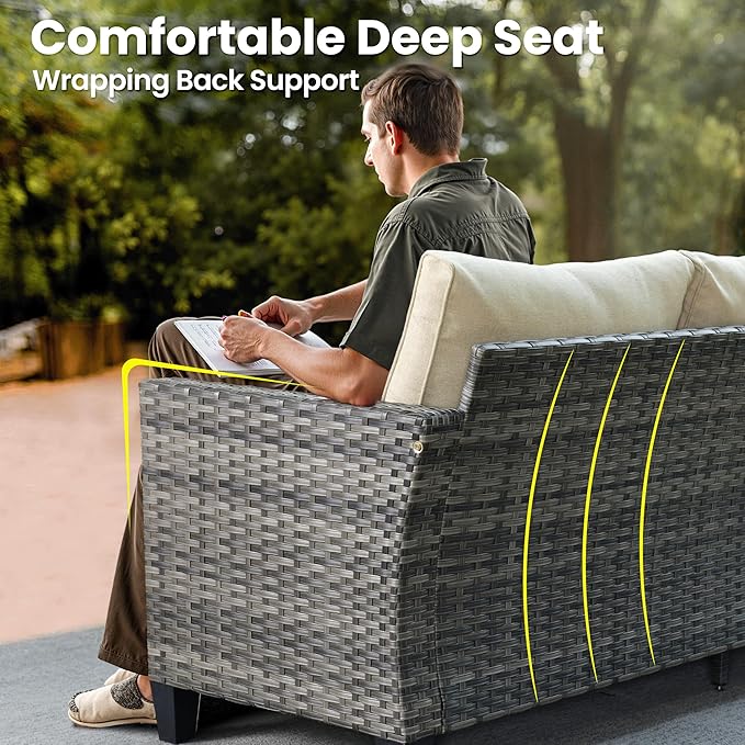 ovios 9 Pieces Patio Furniture Set, Outdoor Wicker Sofa Couch with Rocking Swivel Chairs Fire Pit Table, Modern Deep Seat Rattan Conversation Sets for Porch Deck, Beige