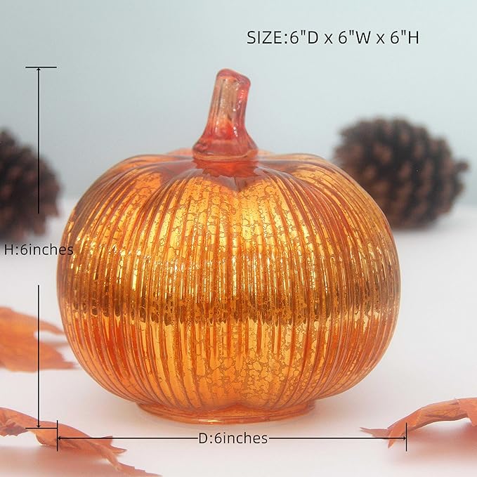 Mercury Glass Pumpkin Lights with Timer, Battery Operated Led Pumpkin Lights for Halloween Fall,Thanksgiving Rustic Decor (Gold Fine-Striped, 6")