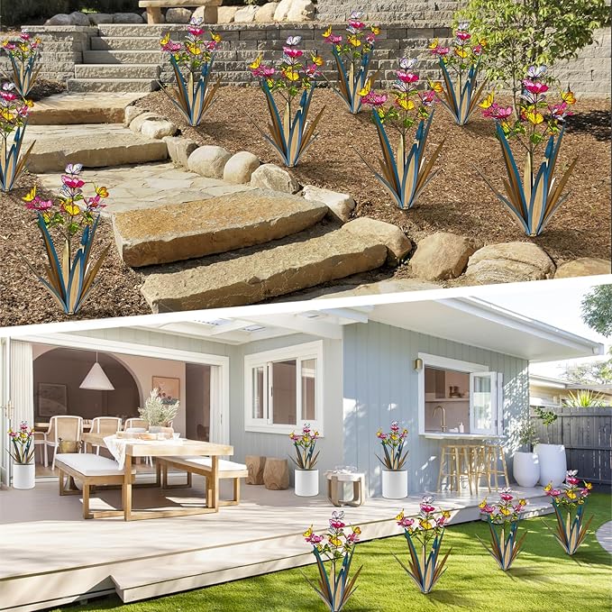 TOMBABY Garden Outdoor Butterfly Enlarge Thickened Wind Resistant Metal Agave Garden Art Metal Plant Country Sculpture Statue Decorations Ornaments Artificial Waterproof Butterflies (Blue 3pcs)