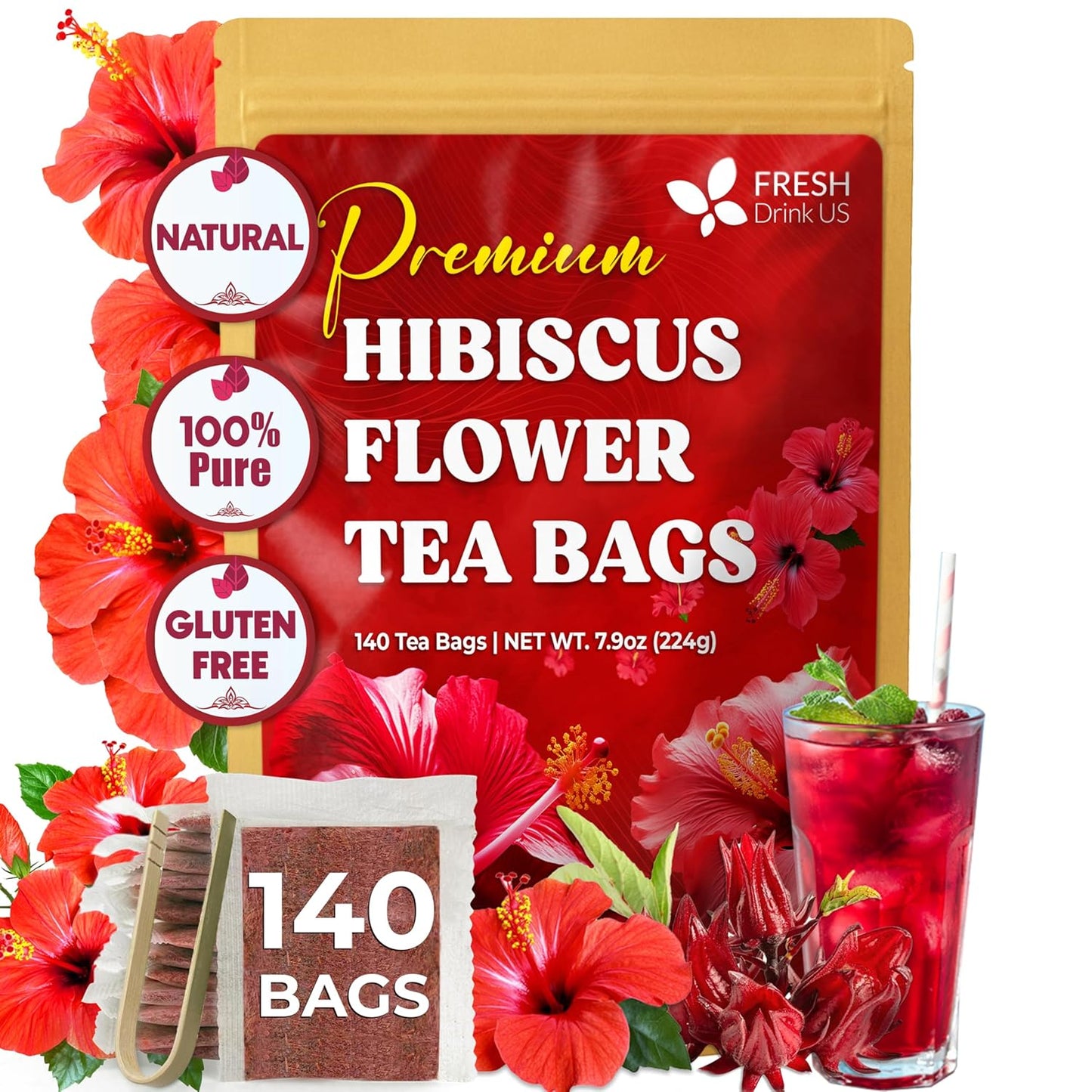 FreshDrinkUS, Premium 140 Hibiscus Flowers Tea Bags, 100% Natural, Handmade & Pure from Hibiscus Flowers. No Sugar/Caffeine/Gluten, Vegan. Tart & Refreshing, Hot or Ice Tea, Great For All Seasons