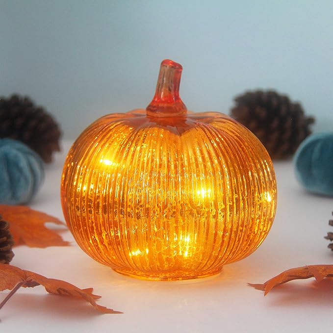 Mercury Glass Pumpkin Lights with Timer, Battery Operated Led Pumpkin Lights for Halloween Fall,Thanksgiving Rustic Decor (Gold Fine-Striped, 6")