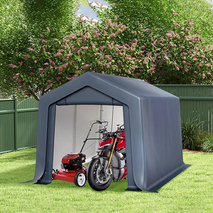 GREEN PARTY Storage Shelter Shed, 8x12 ft Portable Shed Outdoor Carport with Roll-up Zipper Door & Vents, Outdoor Storage Shed Portable Garage for Motorcycle, Bike, Waterproof & UV Protected, Gray