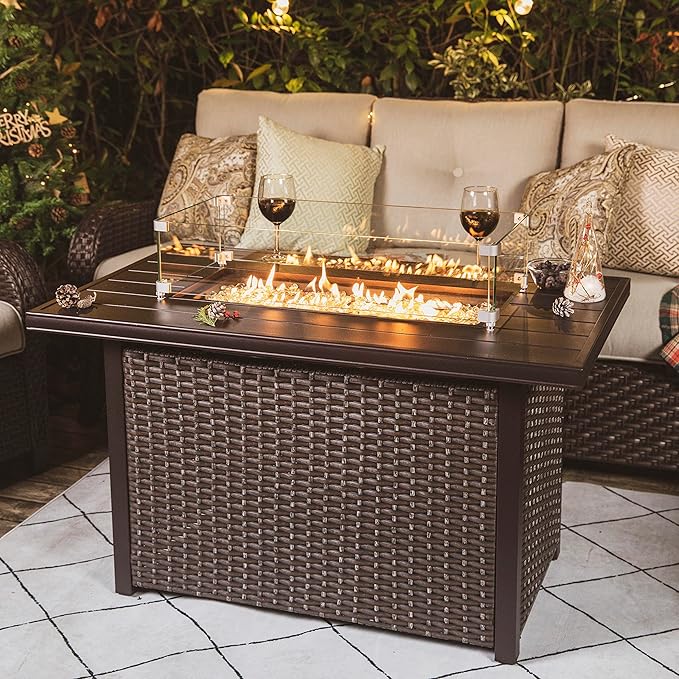 Nuu Garden Outdoor 43 Inch 50,000 BTU Propane Gas Fire Pit Table, Aluminum Tabletop and PE Rattan Weaved Steel Frame, Water-Proof Oxford Cover, Glass Fire Pit Wind Guard, Glass Beads, Lid, Dark Brown