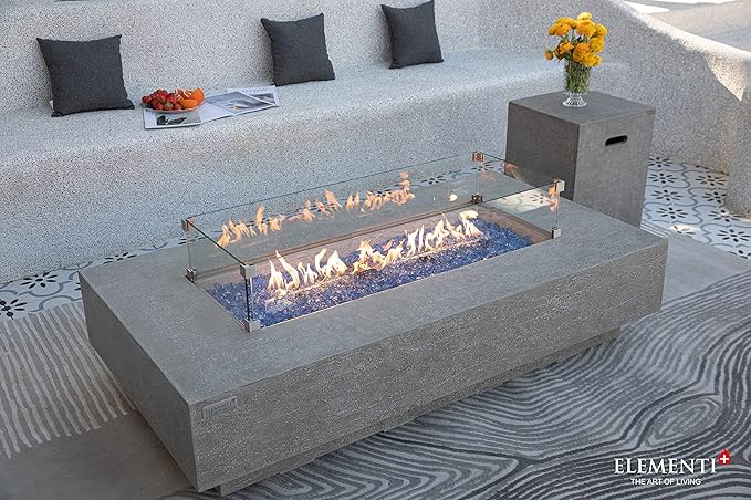 Elementi+ | Riviera Gas Fire Pit Cast Concrete 60" Rectangular Fire Table, Outdoor Fire Pit Electronic Ignition | Canvas Cover, Fire Glass and Burner Lid Included | Light Gray | Natural Gas