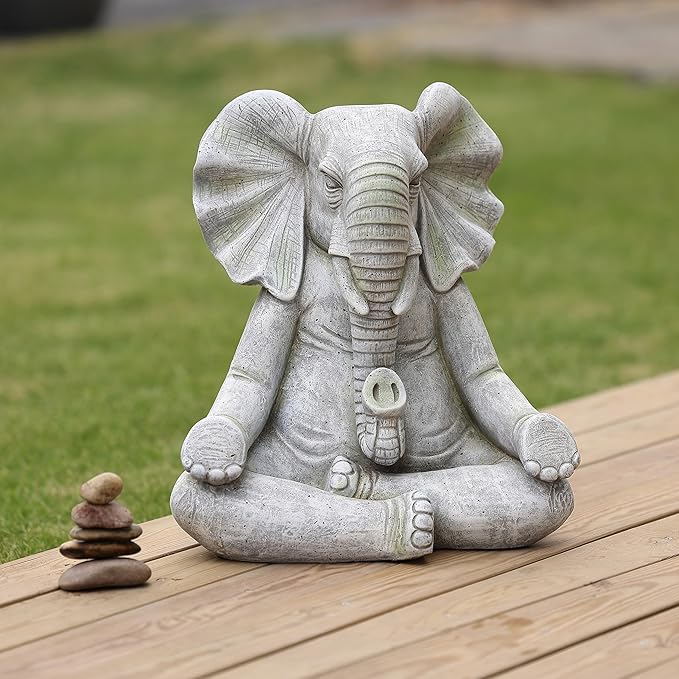 LuxenHome Elephant Garden Statue,16.34'' Gray MgO Meditating Elephant Statue Unique Lucky Elephant Decor Zen Sculptures for Garden Patio Home & Office Decor Housewarming Gift