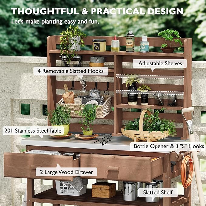 Polibi 64.9" H Outdoor Potting Bench Table with Lockable Wheels,Solid Fir Wood Outdoor Kitchen Island with Upper Hutch,Stainless Steel Top,Towel Rack,Outdoor Storage for Grilling,Lawn Garden(Brown)