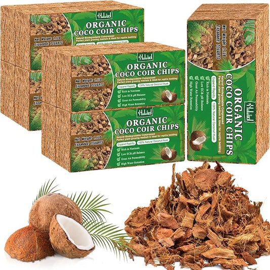 Halatool 10 Pcs Coco Husk Chips for Plants - 11 LB 100% Organic Coconut Coir Chips with Low EC and pH Balanced, Compressed Coco Substrate Growing Mulch Medium for Landscaping, Herbs, Plants, Flowers