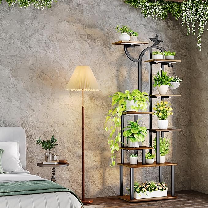 Plant Stand Indoor with Grow Lights, 63" Metal Plant Stand for Indoor Plants, 8 Tiered Tall Plant Shelf with Magnetic Cable Organizers and Decorative Bird, Plant Holder for Patio, Living Room, Home Decor