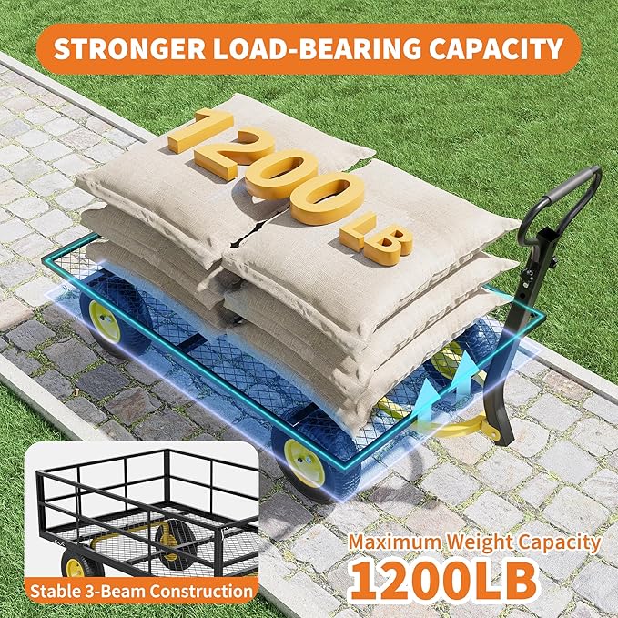 3-in-1 Heavy-Duty Steel Garden Cart, 1200 Lbs Garden Wagon, with 13 Inch All-Terrain Tires and Removable Mesh Side Panels, 180° Rotating Handle, Metal Utility Yard Trailer, Outdoor Gardens Wagon Cart