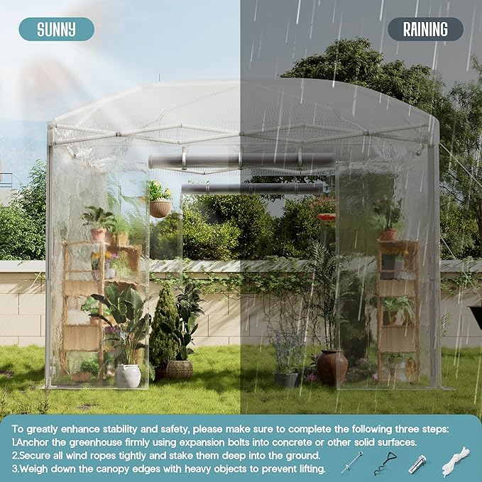 Specraft 10×10×8.5 FT Outdoors Pop-up Greenhouses with Adjustable Reinforced Frame, Portable Walk in Greenhouse with 2 Roll-up Zipper Door, Mesh Windows, PE Cover, White