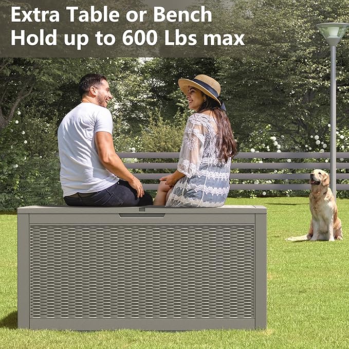100 Gallon Resin Outdoor Storage Box,Waterproof Deck Box Lockable for Patio Furniture Cushions, Garden Tools, Heavy-Duty Double-Wall Structure with Gas Lift and Reinforced Seat Lid, Grey