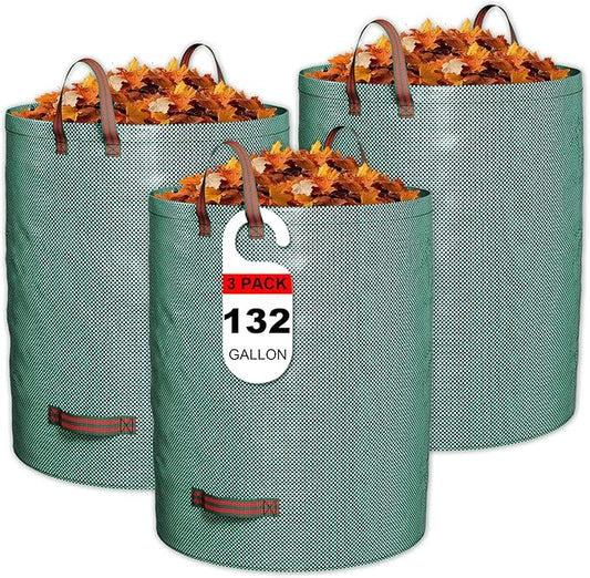 GreatBuddy 132 Gallon Reusable Yard Waste Bag, Heavy Duty, Upright Lawn Bags with 4 Reinforced Handles for Garden Leaves and Waste Collection, Lightweight (3 pack)