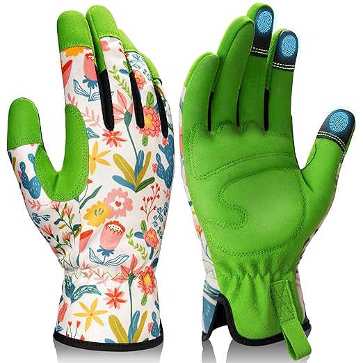 Gardening Gloves for Women, Breathable Leather Work Gloves, Thorn-Proof Gardening Gifts, Touchscreen Compatible, Protective Work for Digging, Planting, Pruning, Large Size, Green & White