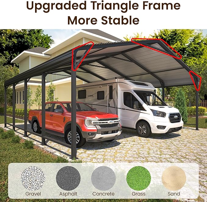 20x20 FT Metal Carport for 2 Cars, Heavy Duty Canopy Carport with Updated Roof & Enhanced Base, Garage Vertaile for RV Car, Truck, Boat, Tractors, Party, Grey