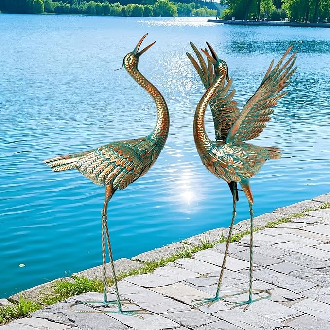 chisheen Crane Garden Statues Outdoor Metal Heron Yard Art Crane for Garden Sculptures Patio Lawn Ornaments,Set of 2