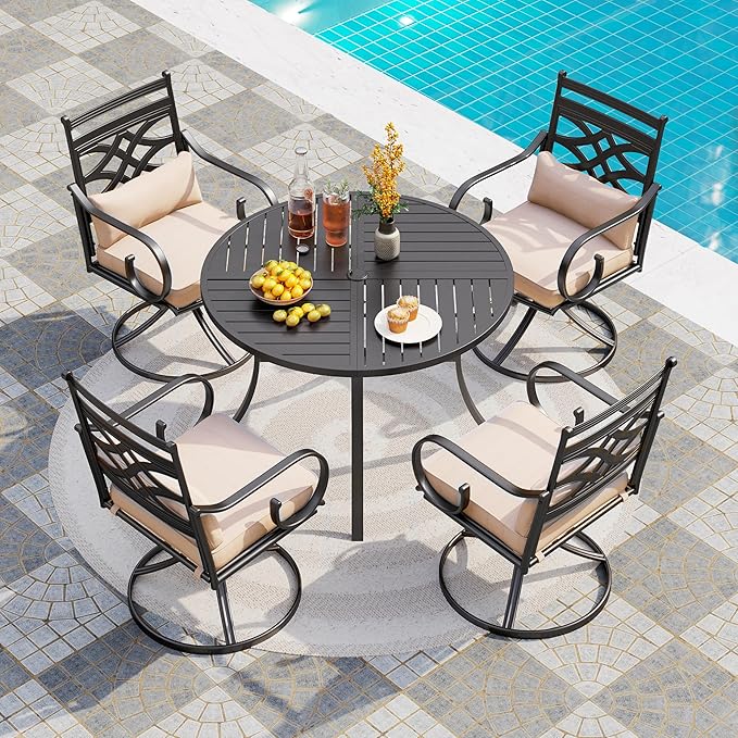 PHI VILLA 5 Pcs Patio Dining Sets,Outdoor Table Chair Set for 4 with Outdoor Swivel Chairs and Metal Frame Steel Round Table,Outdoor Dining Furniture with Cushion and Pillow for Garden Lawn Deck