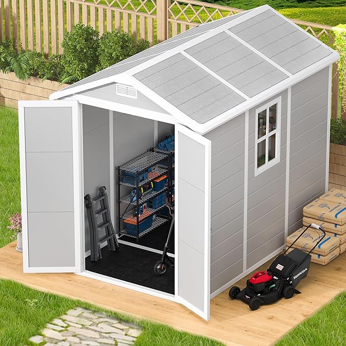 8.7x5.5 FT Resin Outdoor Storage Shed with Floor, Weather-Resistant Plastic Garden Shed with Windows, Lockable Door and Vents, Outside Tool Storage Sheds for Backyard, Garden, Patio, Lawn, Grey