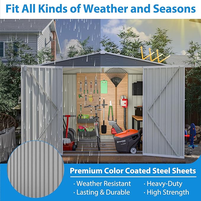 8x6 FT Outdoor Tool Storage Shed with Metal Foundation & Lockable Doors, All Weather Metal Sheds for Garden, Patio, Backyard, Lawn, Gray