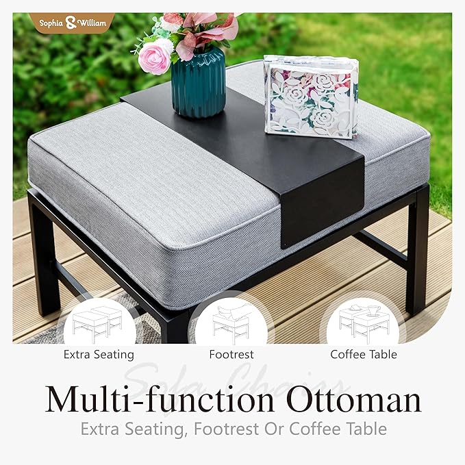 Sophia & William Patio Furniture Sets for 7 Outdoor Conversation Set 7 Pcs with 2 x Swivel Chairs, 2 x Armrest Sofa, 1 x 3-Seat Cushion Chairs, 2 x Ottomans for Coffee Garden Backyard Poolside Grey