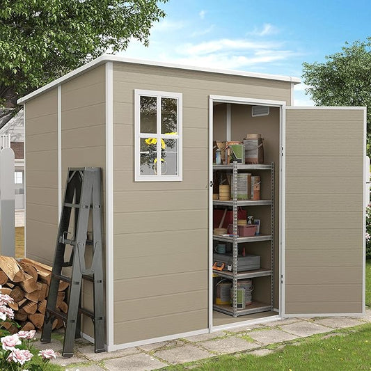 Outdoor Storage Shed, 6x6 FT Resin Shed with Floor and Lockable Door, Window, Vents, Tool Sheds and Outdoor Storage for Bike, Garden Accessories, Tools, Waterproof Light Brown