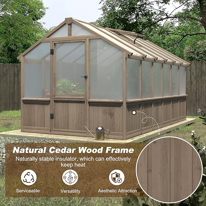 VEIKOU 8’x12’ Greenhouses for Outdoors, Walk-in Wood Greenhouse with Cedar Frame & Adjustable Vent, Garden Green House with 6MM Thick Polycarbonate Panel for Outside, Backyard, Light Brown Mocha