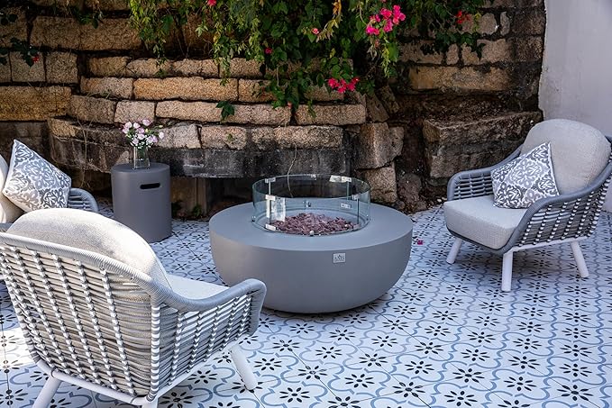 AMS Creations | Eclipse 44" Bundle Round Cast Concrete Propane Gas Fire Pit Bowl Table | Light Gray | Smooth Texture Surface | Electronic Ignition | Outdoor Patio Heater Outside Backyard Fireplace