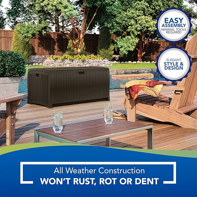 Suncast Outdoor Storage Box - 73 Gallon Mocha Brown Deck Box for Patio, Waterproof Outdoor Storage Bench, Resin Wicker Style, Heavy-Duty, Lockable Lid for Cushions, Shoes, Pool & Garden Gear